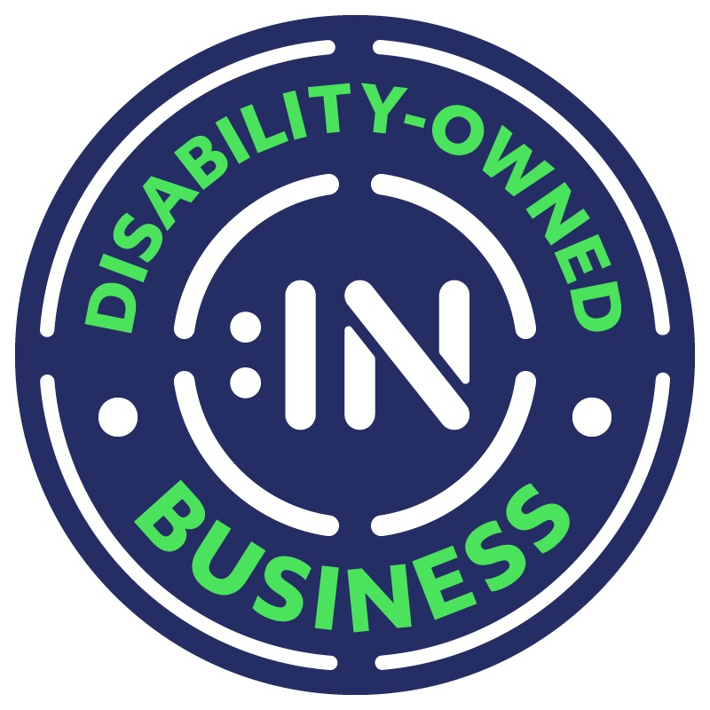 Disability-Owned Business circular certification badge with text shown in circular orientation and with Disability:IN icon logo in center.