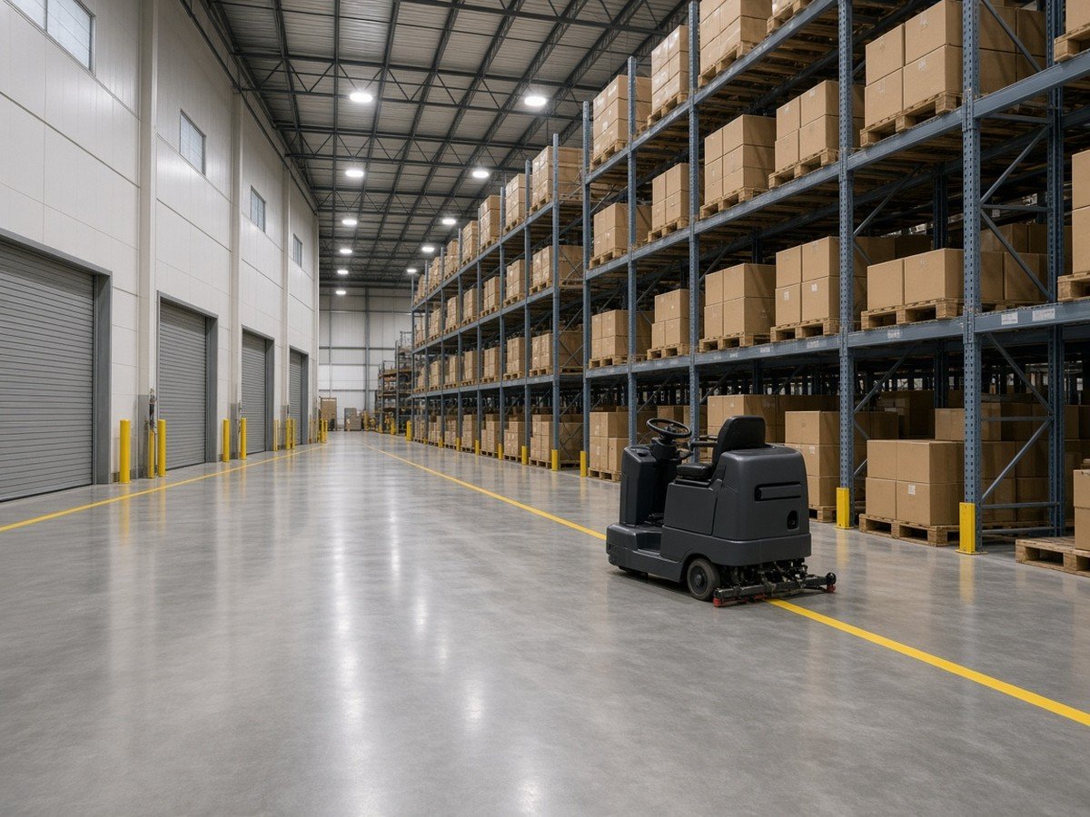 Warehouse with ride-on scrubber