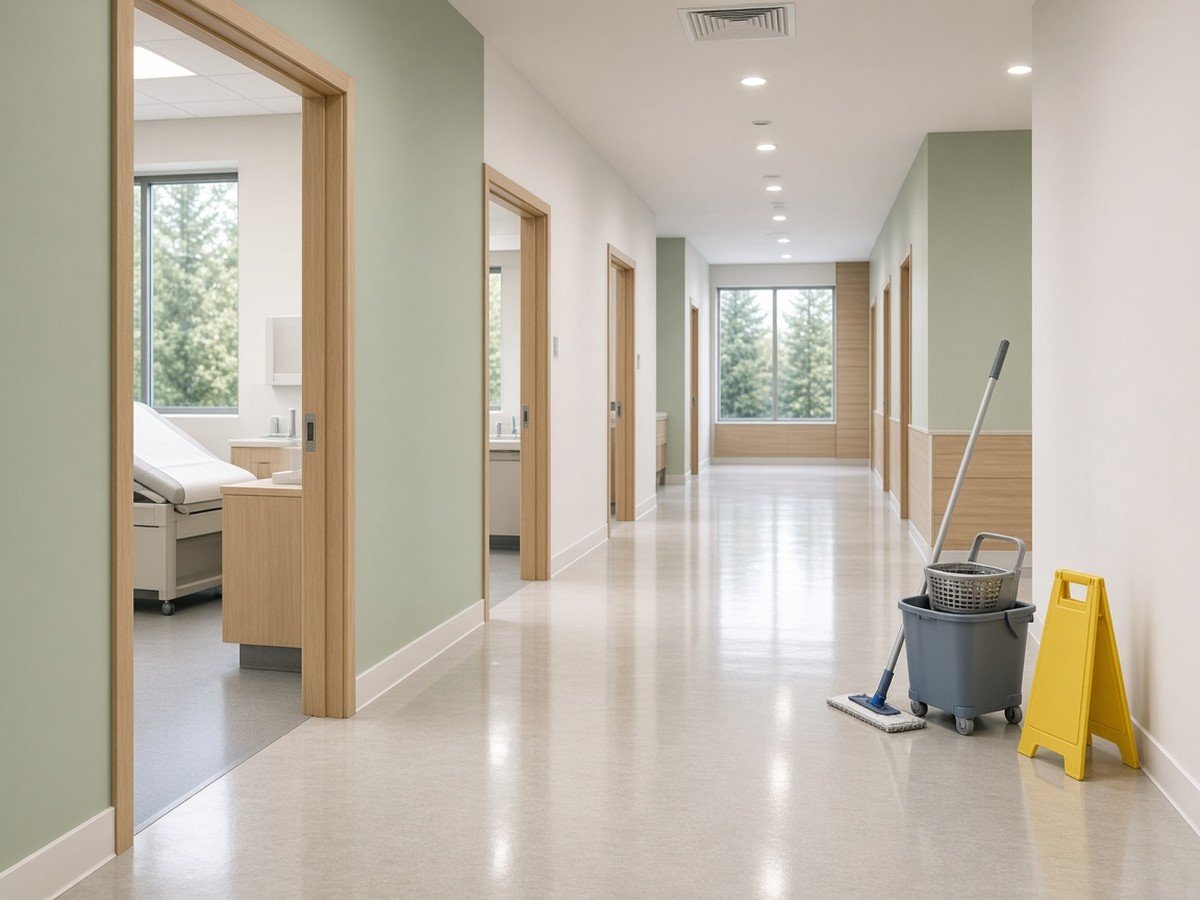 Clinic corridor with mop bucket and wet-floor sign