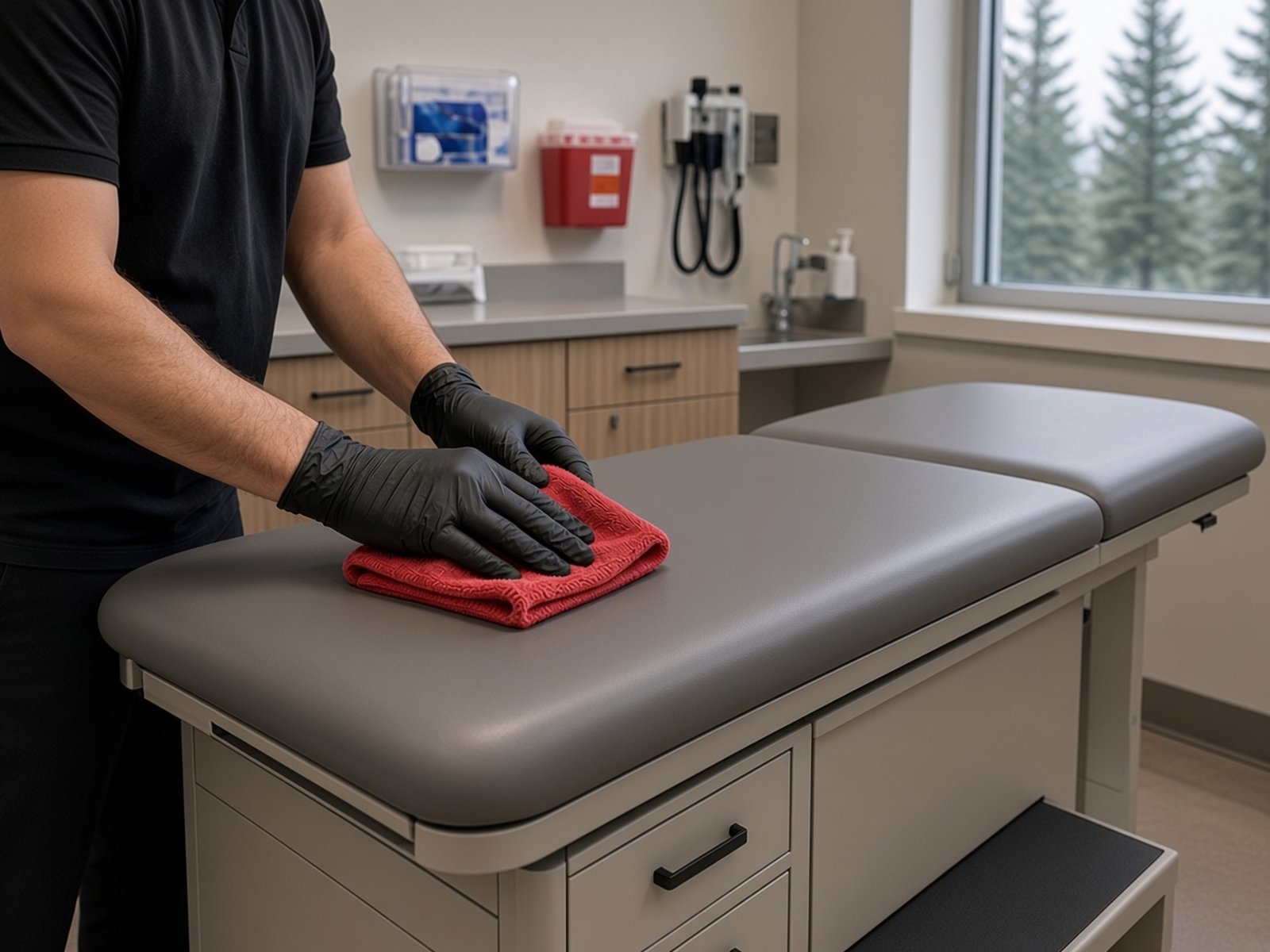 PBS cleaner disinfecting a medical exam room with a red microfiber cloth