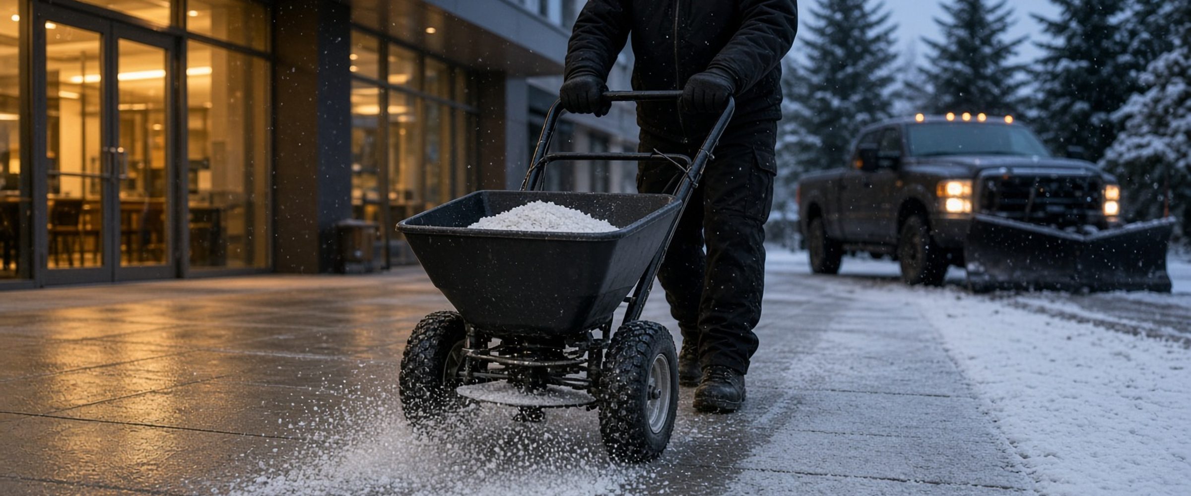 PBS crew applying ice melt to a commercial building sidewalk on a winter night