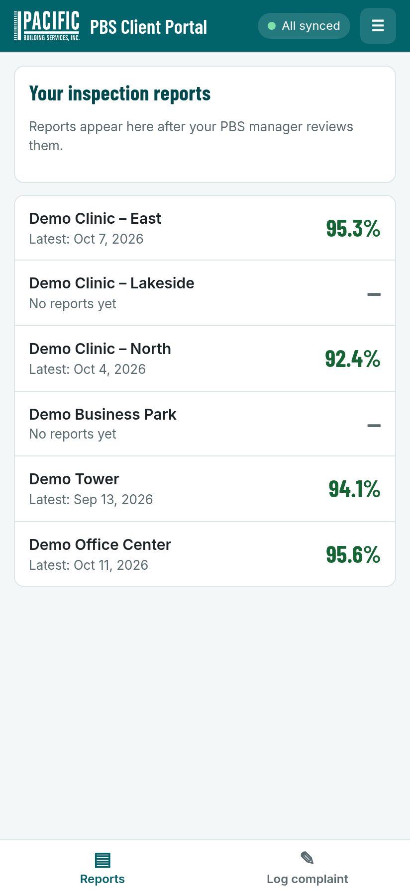 PBS Client Portal showing inspection scores for each building